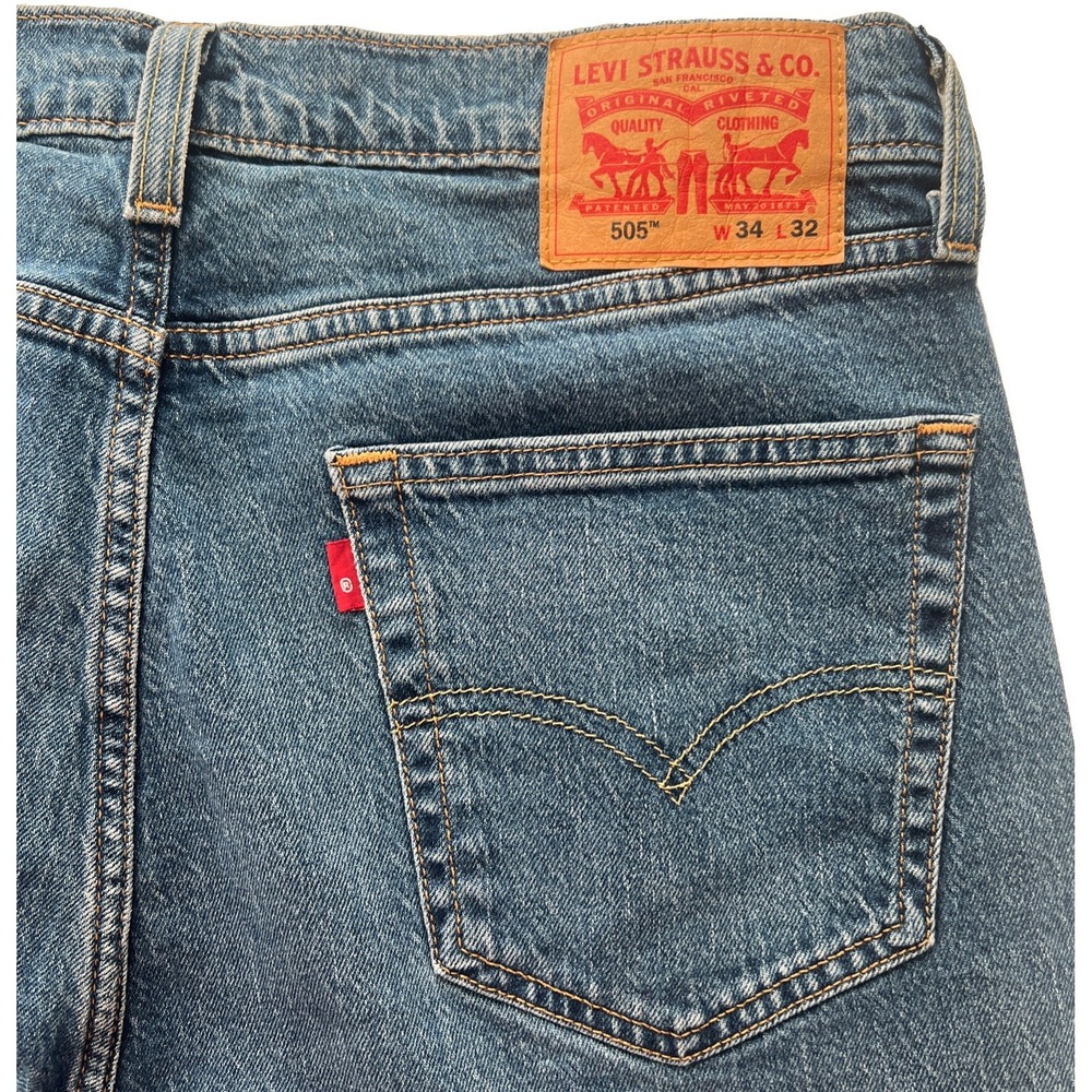Levis 505 Jeans Mens 32x32 Blue Straight Leg Regular Fit Stretch Tag 34x32 Denim
